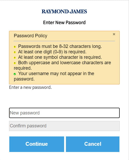 The Enter New Password screen
